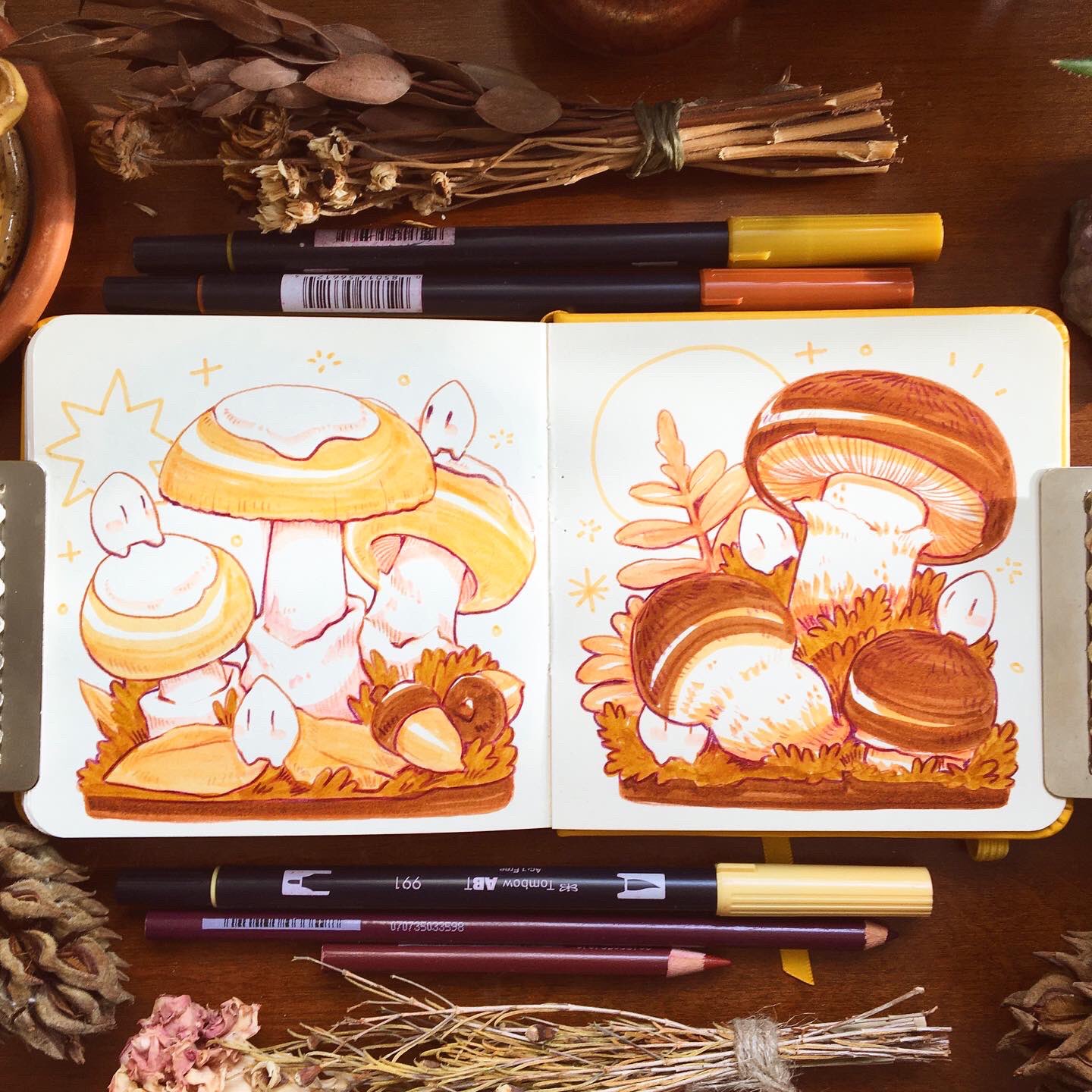 acorn, art_tools_in_frame, brown_theme, colored_pencil, creature, highres, leaf, lianne_pflug