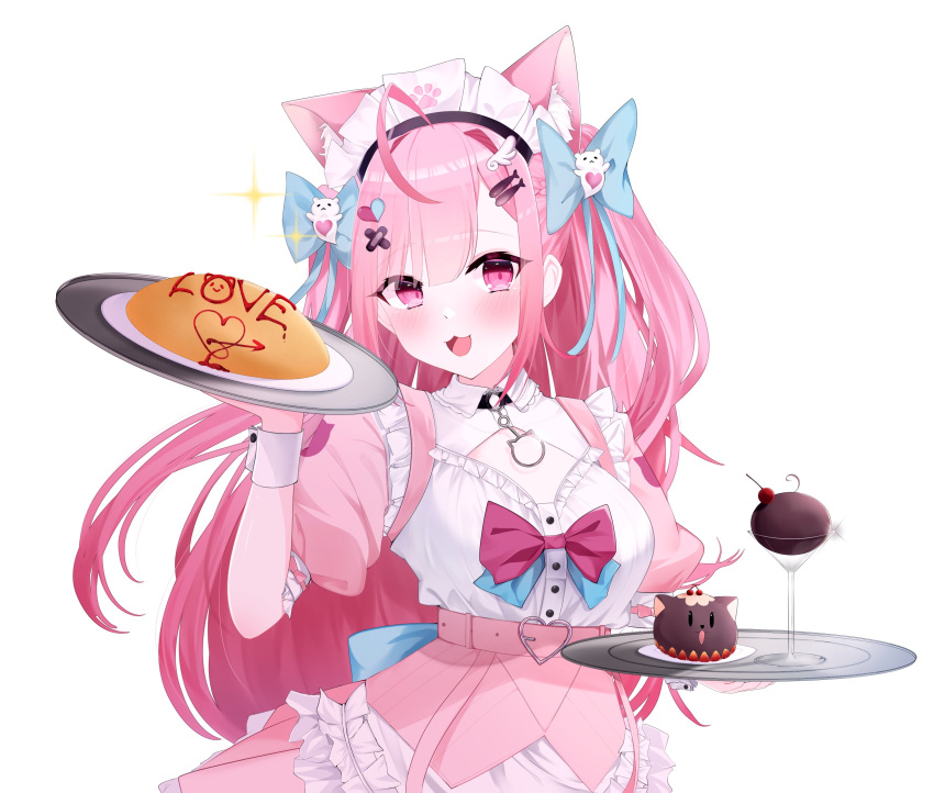 1girl, :3, absurdres, ahoge, apron, blue_bow, bow, dessert