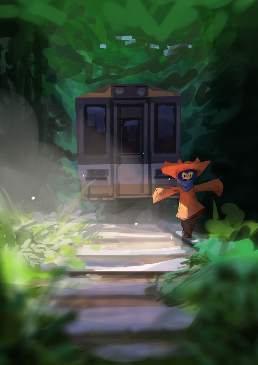 1other, abandoned, absurdres, androgynous, animal_hat, balancing, black_footwear, blue_hair, blue_scarf, boots, brown_coat, brown_hat, canopy_(forest), cat_hat, child, coat, colored_sclera, commentary, day, english_commentary, grass, hat, highres, looking_down, medium_hair, niko_(oneshot), oneshot_(game), outstretched_arms, overgrown, railroad_tracks, scarf, shadches72, sidelighting, sleeves_past_fingers, sleeves_past_wrists, solo, spread_arms, train, wide_brim, wide_shot, window, yellow_sclera