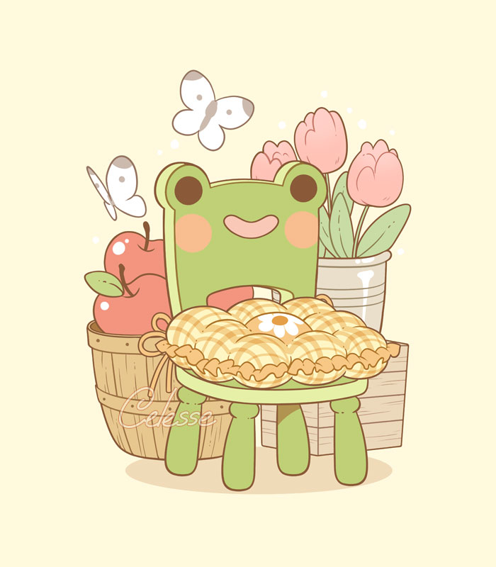 animal_crossing, apple, barrel, bug, butterfly, chair, commentary, crate, cushion, english_commentary, flower, food, froggy_chair, fruit, no_humans, object_focus, samantha_whitten, simple_background, still_life, tulip, yellow_background