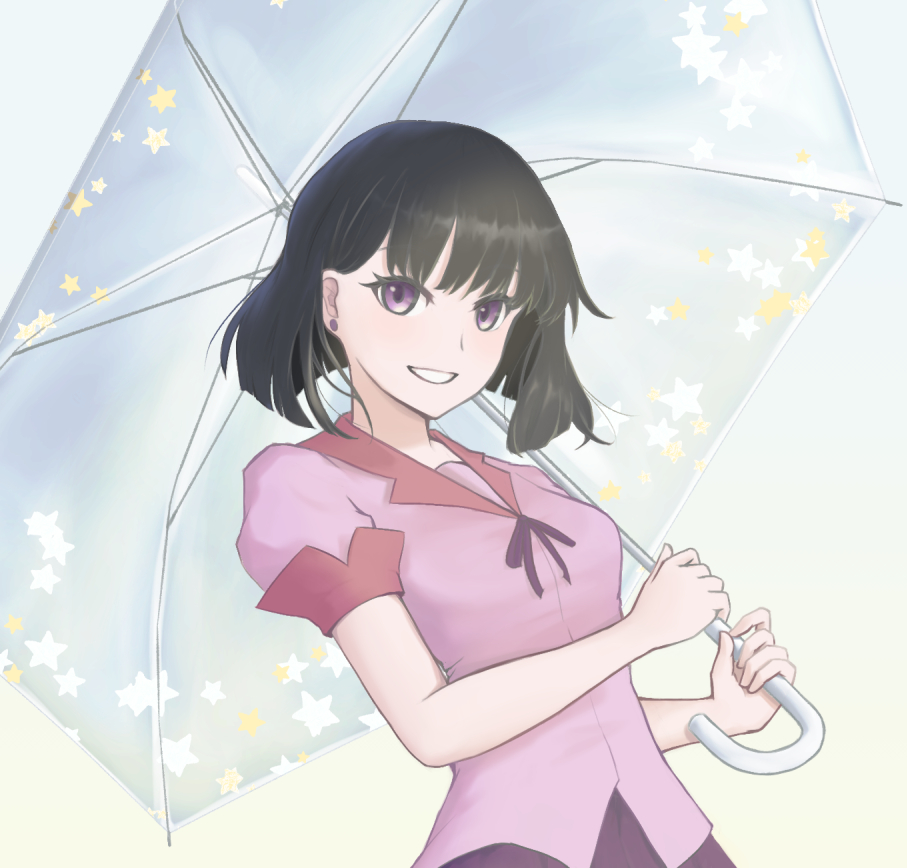 1girl, aqua_background, black_hair, blunt_ends, bob_cut, bow, bowtie, breasts