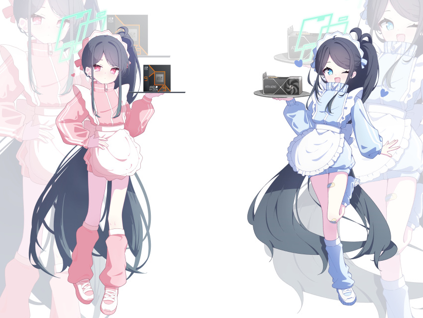 2girls, 525_woiwo, :d, absurdly_long_hair, absurdres, ahoge, alternate_costume, amd