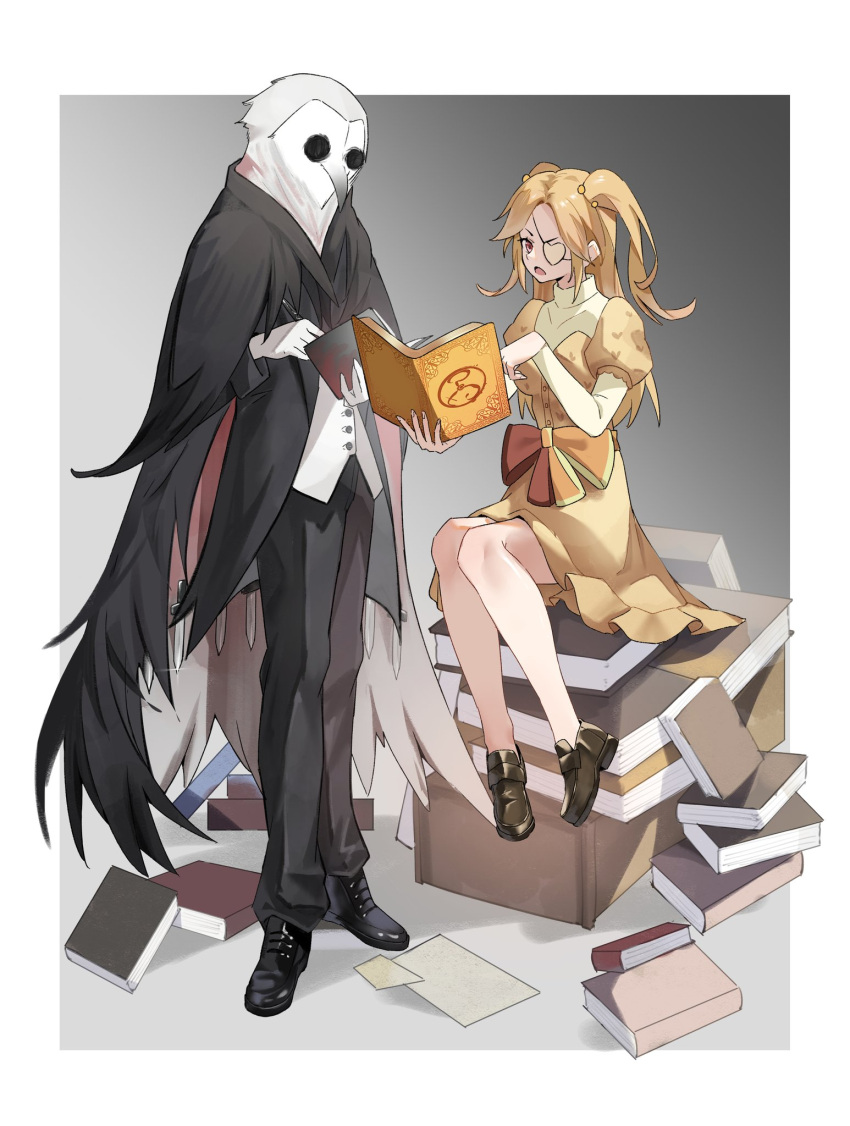 1boy, 1girl, black_cape, black_coat, black_pants, black_souls, blonde_hair, book, book_stack, bow, brown_footwear, buttons, cape, chushthu, coat, dress, estir, eyepatch, full_body, heart, heart_eyepatch, highres, holding, holding_book, juliet_sleeves, long_hair, long_sleeves, lorde_(black_souls), orange_bow, pants, puffy_sleeves, shirt, shoes, sitting, sucker_for_love, two_side_up, white_shirt, yellow_dress