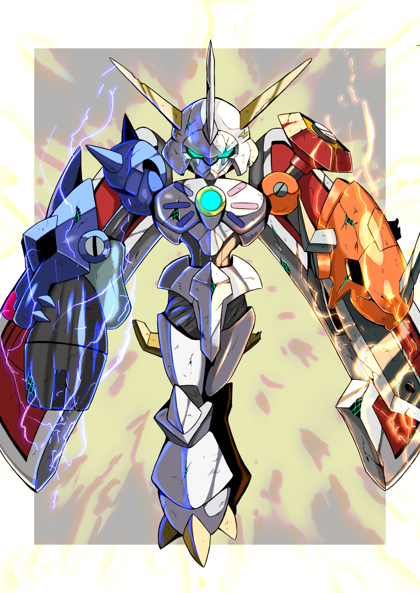 absurdres, arm_blade, arm_cannon, armor, aura, digimon, electricity, full_body, highres, mecha, medarot, medarot_s, omega_knight_(medarot), robot, sawa_d, shield, shoulder_armor, standing, weapon