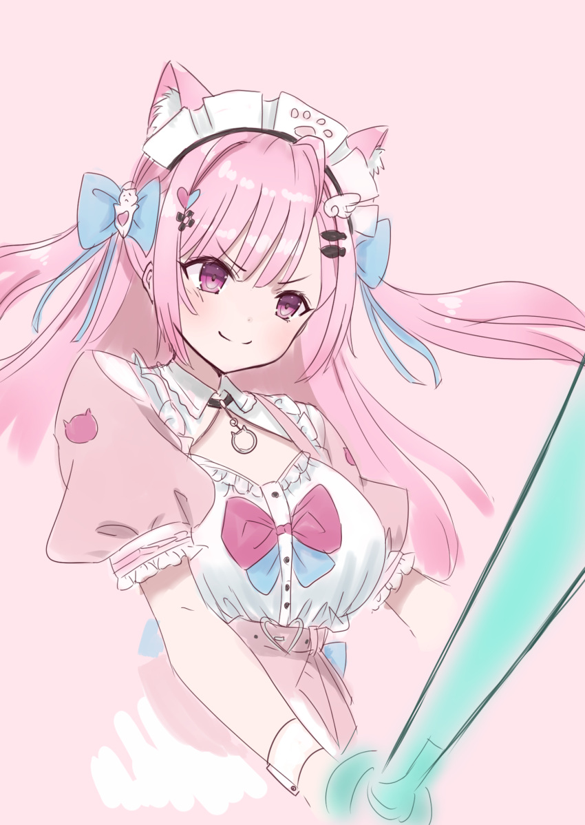 >:), 1girl, animal_ears, blue_ribbon, blush, breasts, buttons, cat_ears