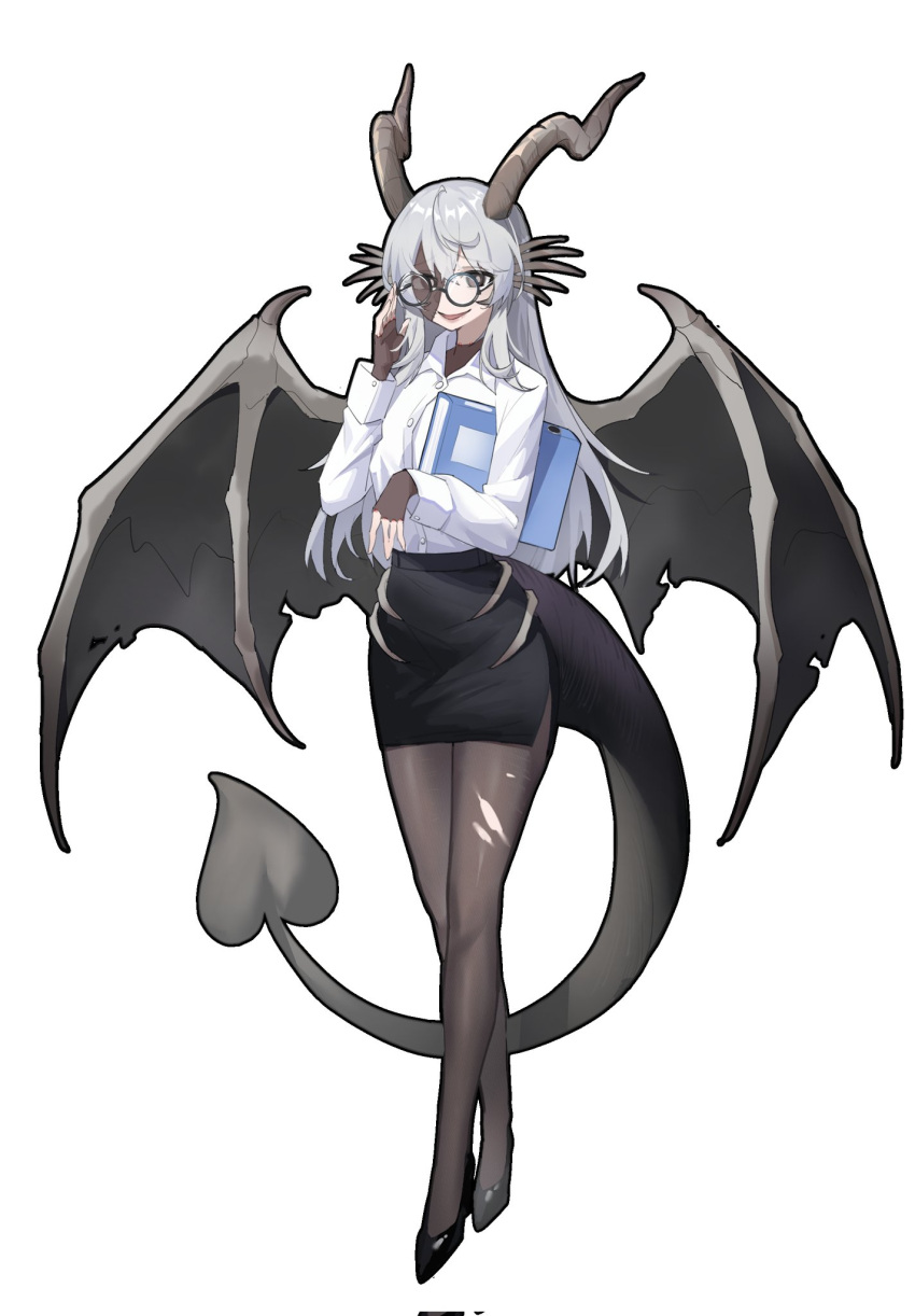 1girl, black_footwear, black_pantyhose, black_skirt, black_souls, black_tail, black_undershirt, black_wings