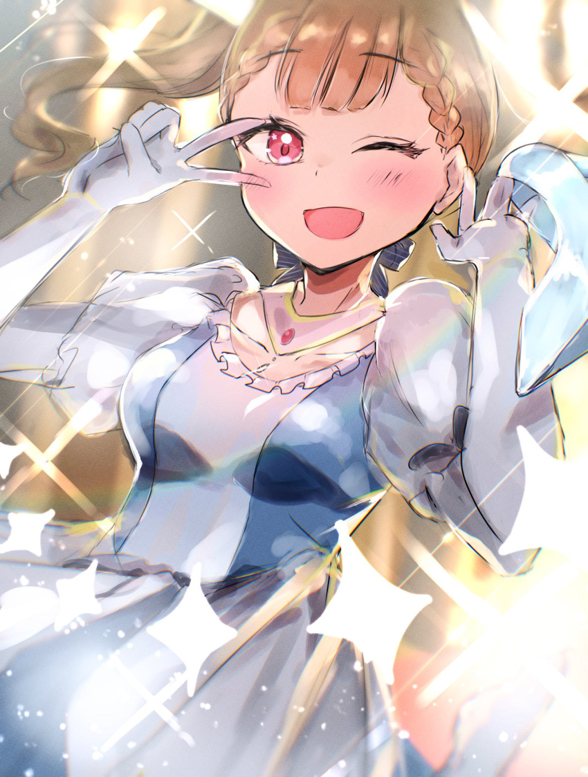 1girl, ;d, bibbidiba_(hololive), blue_dress, blurry, blurry_background, blush, braid