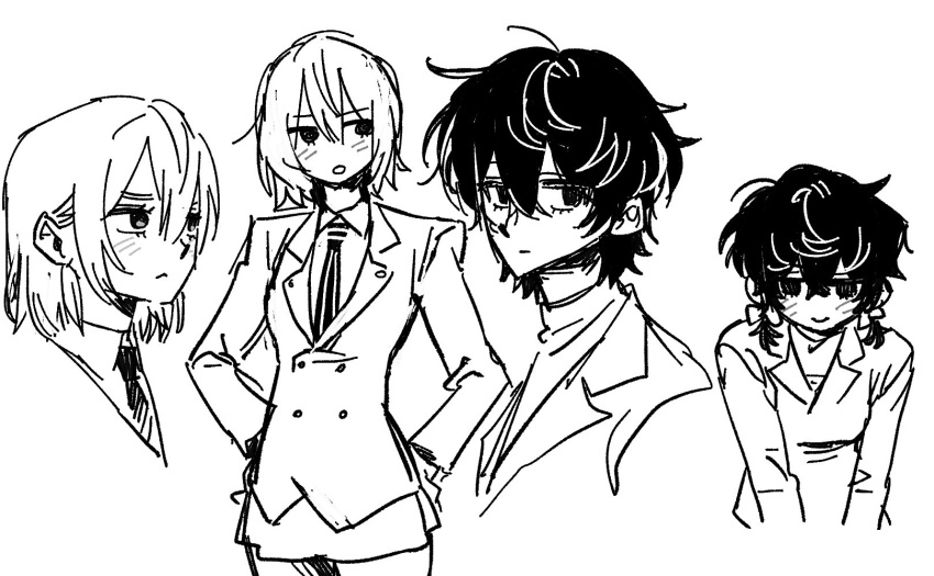 :<, :o, akechi_gorou, amamiya_ren, black_hair, blush, genderswap, genderswap_(mtf), greyscale, hair_tie, highres, jacket, medium_hair, miniskirt, monochrome, necktie, persona, persona_5, short_hair, short_twintails, simple_background, skirt, smile, striped_necktie, sweater, thighs, turtleneck, turtleneck_sweater, twintails, w5, white_background