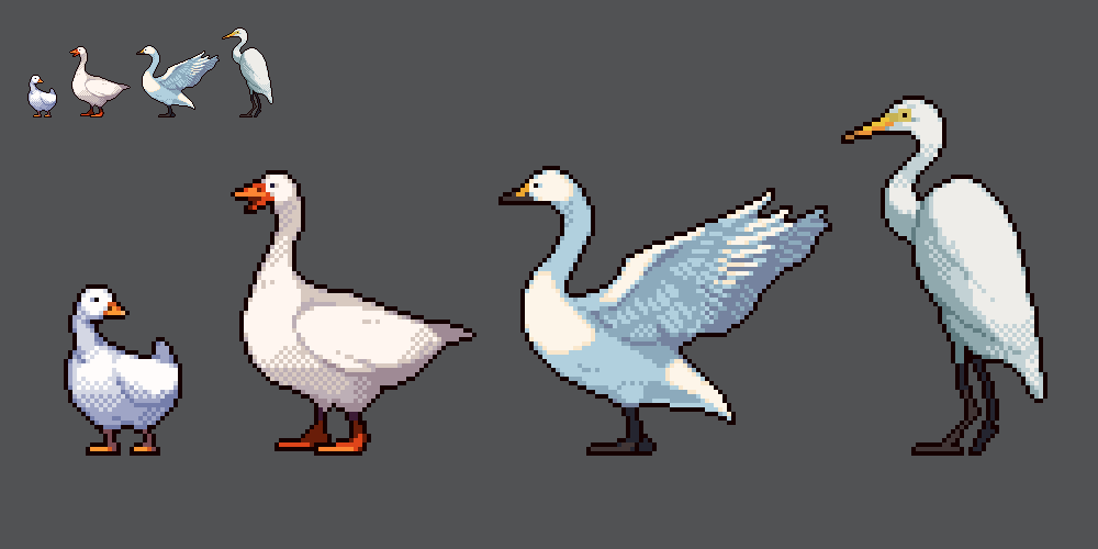 animal, animal_focus, beak, bird, duck, feathered_wings, feathers, goose, grey_background, heron, no_humans, omunikin, original, pixel_art, simple_background, wings