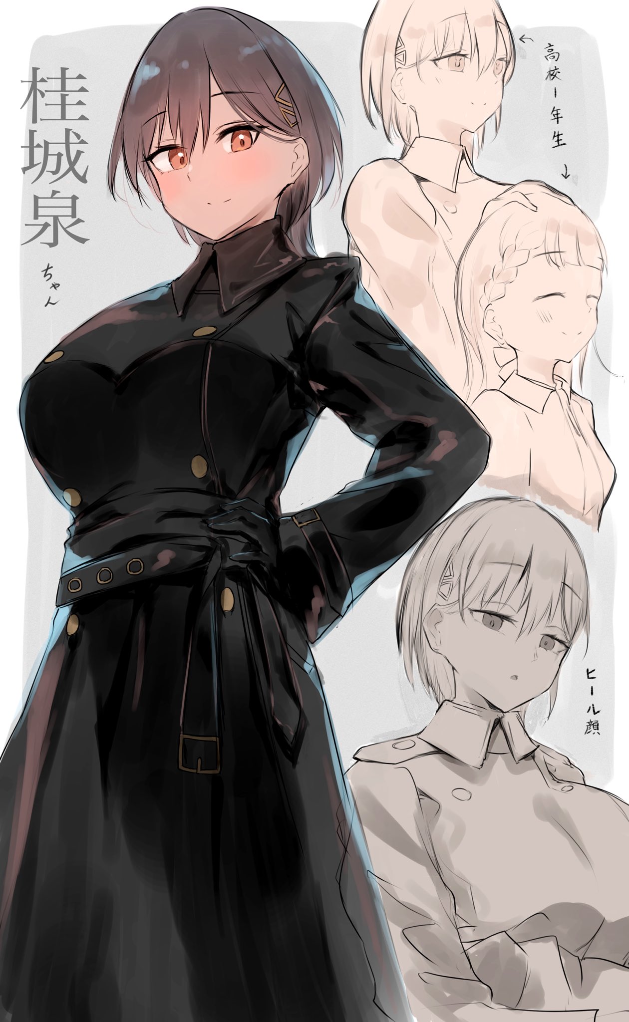 2girls, ^_^, alternate_breast_size, arrow_(symbol), belt, black_belt, black_dress, blush