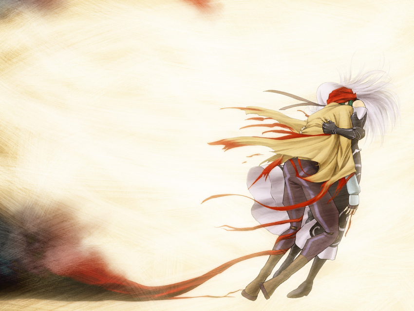 .hack//, .hack//zero, 1boy, 1girl, black_coat, black_footwear, black_gauntlets, black_pants, black_ribbon, blood, blood_on_clothes, boots, brown_background, brown_footwear, brown_poncho, brush_stroke, coat, commentary_request, covered_face, curl_(.hack//), elbow_gauntlets, fingerless_gloves, floating_clothes, gauntlets, gloves, green_hair, head_on_another's_shoulder, hena3, hug, knee_boots, leaning_on_person, long_coat, long_hair, pants, rags, red_turban, ribbon, sora_(.hack//), torn_clothes, tripping, turban, white_hair, wide_shot