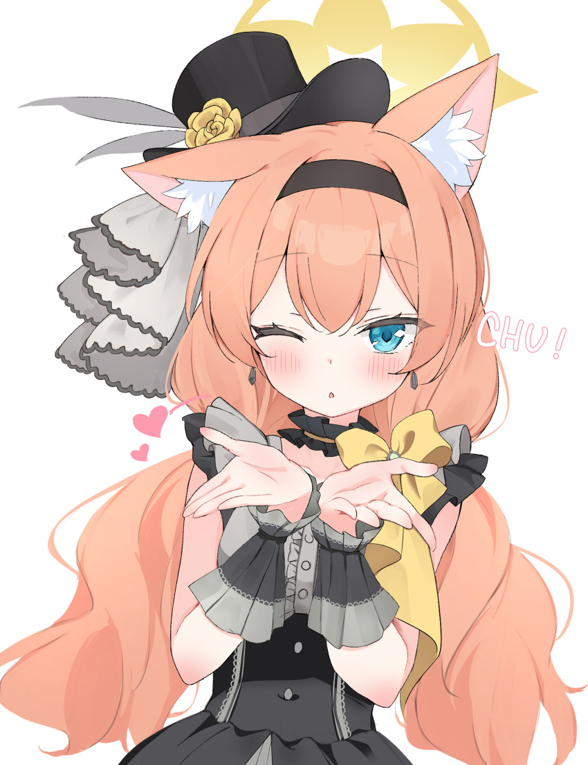 1girl, absurdres, animal_ear_fluff, animal_ears, black_headband, blowing_kiss, blue_archive, blue_eyes