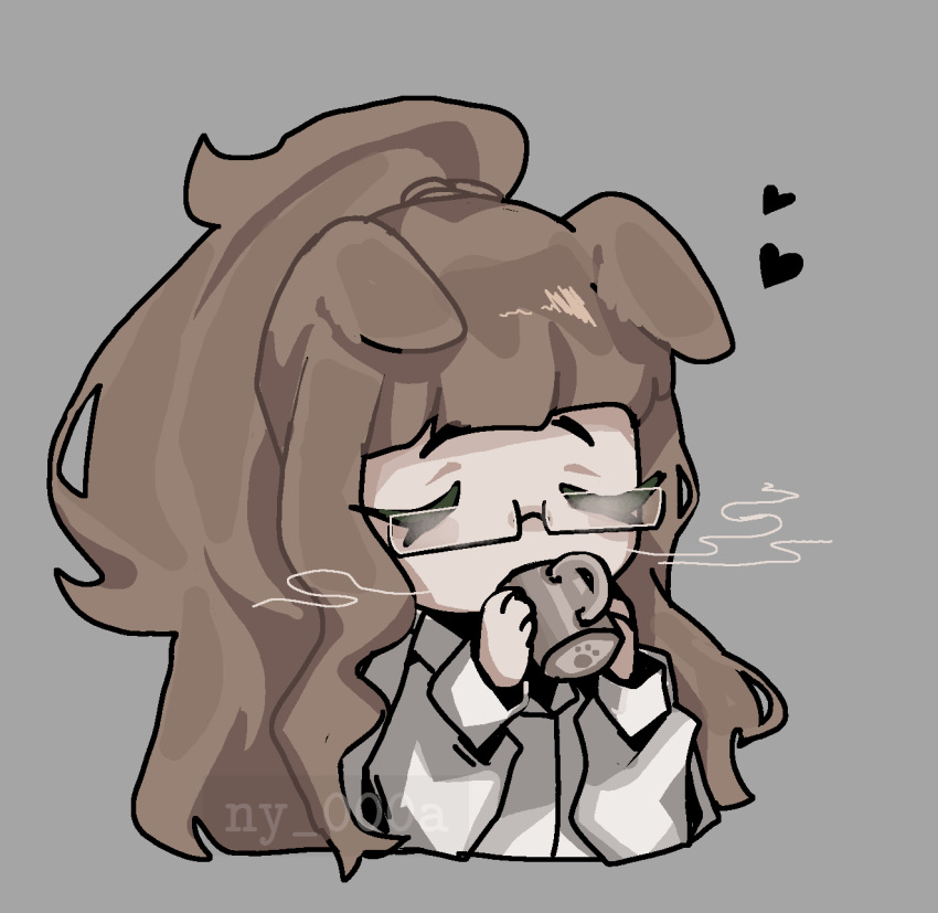 1girl, andrea_(ny_000a), animal_ears, artist_name, baggy_clothes, blonde_hair, blunt_bangs, chibi, chibi_only, closed_eyes, cup, dog_ears, drinking, facing_viewer, glasses, grey_background, hair_tie, hands_up, heart, high_ponytail, highres, holding, holding_cup, jacket, long_hair, mug, ny_000a, original, paw_print, ponytail, raised_eyebrows, simple_background, steam, upper_body, watermark, wavy_hair, white_jacket
