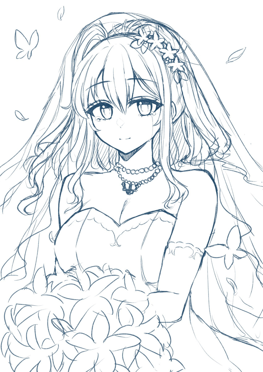 1girl, alternate_costume, bouquet, breasts, bridal_veil, bride, bug, butterfly