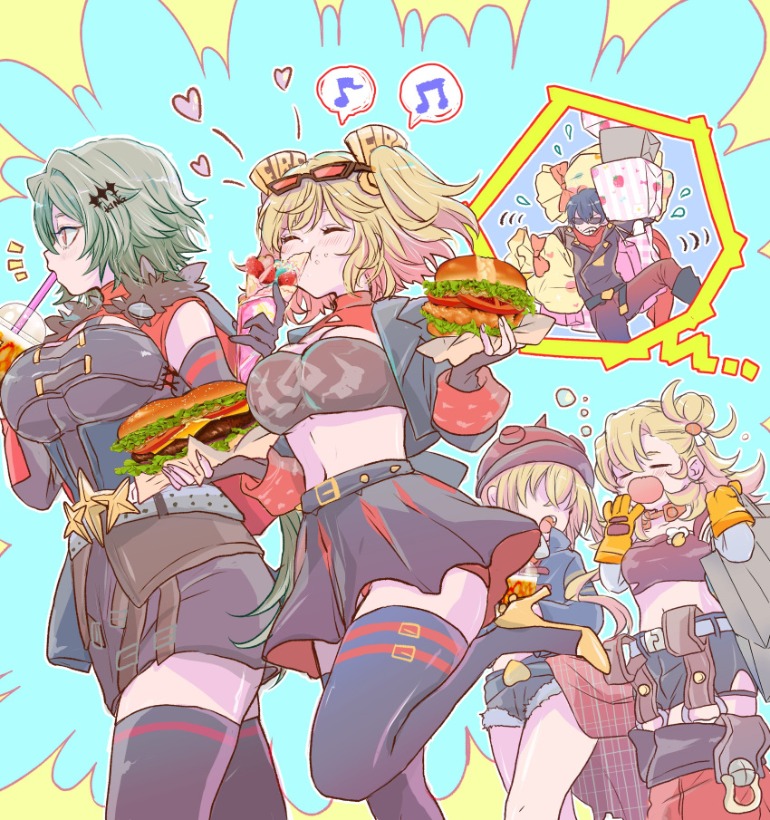 1boy, 4girls, absurdres, black_gloves, black_hair, black_jacket, black_skirt, black_thighhighs