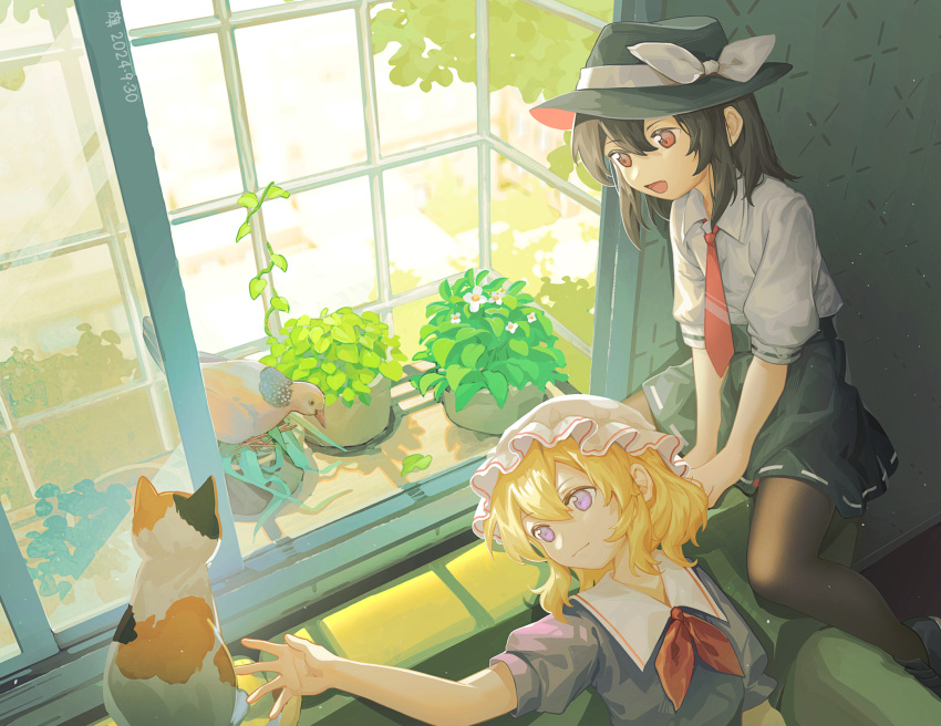 2girls, :d, arm_up, arms_between_legs, bird, black_footwear, black_hair, black_hat