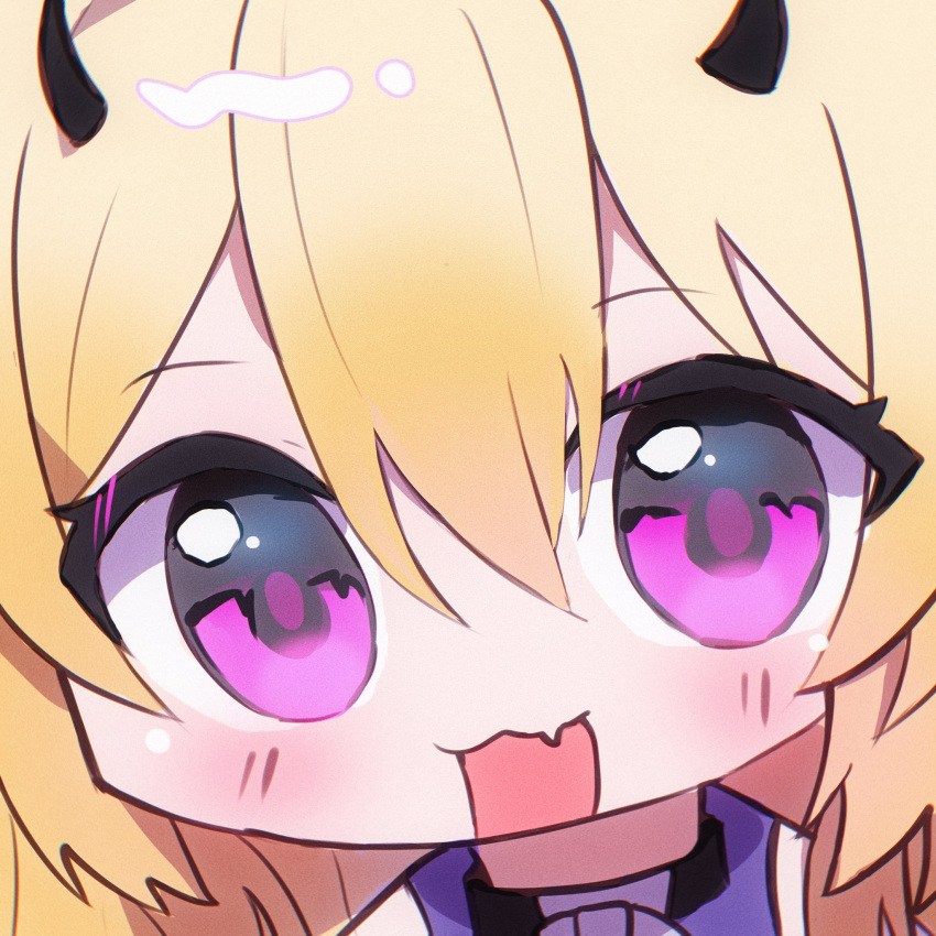 1girl, black_horns, blonde_hair, blush, cerber_(vtuber), close-up, fang, hair_between_eyes