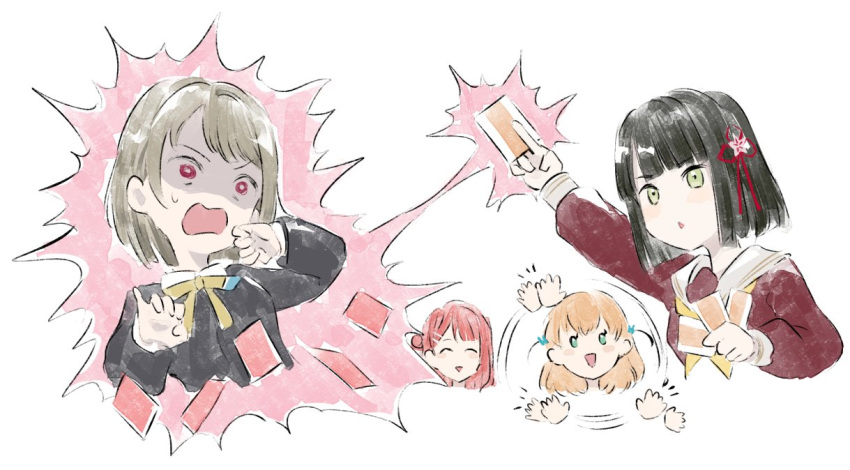 4girls, :d, ^_^, aqua_eyes, black_hair, black_jacket, blunt_bangs, blunt_ends