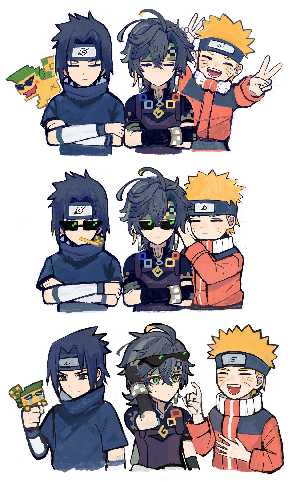 1other, 3boys, ajaw_(genshin_impact), asatya_ny, black_eyes, black_hair, black_shirt, blonde_hair