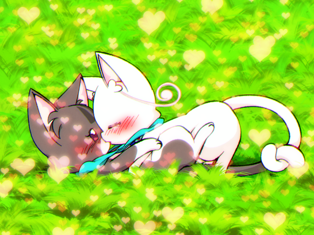 @est@, aqua_scrunchie, blush, brown_fur, cat, commentary_request, grass, hug