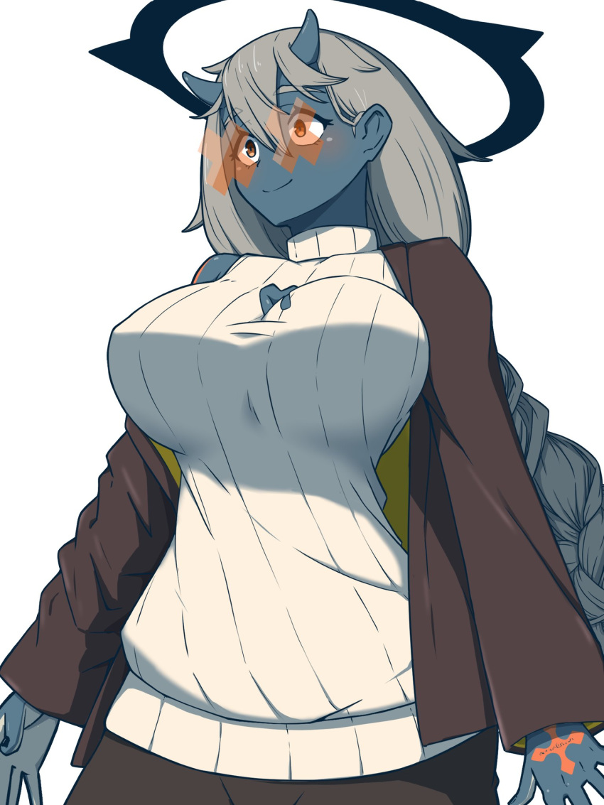 1girl, black_halo, blue_horns, blue_skin, braid, braided_ponytail, breasts, brown_jacket