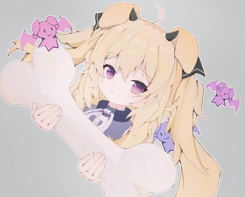 1girl, absurdres, ahoge, animal_ears, black_bow, black_horns, blonde_hair, bone