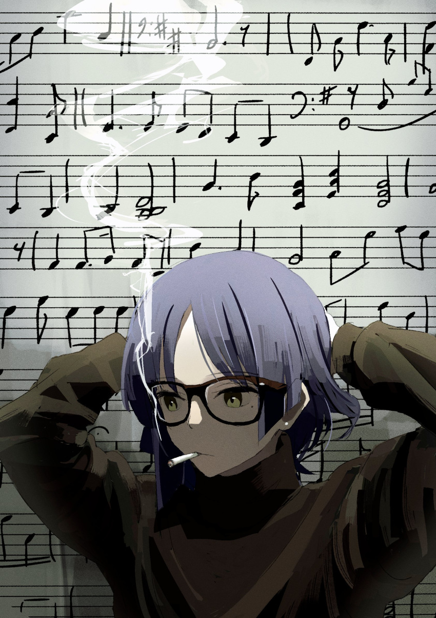 1girl, arms_behind_head, black_shirt, blue_hair, bocchi_the_rock!, cigarette, earrings, glasses