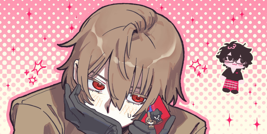 2boys, :3, akechi_gorou, amamiya_ren, animal_ears, black_eyes, black_gloves, black_hair, black_jacket, blush, brown_hair, brown_jacket, cat_ears, cellphone, cellphone_charm, charm_(object), chibi, chibi_inset, colored_eyelashes, covering_own_mouth, gloves, hatching_(texture), highres, holding, holding_phone, jacket, male_focus, medium_hair, multiple_boys, pants, patterned_background, persona, persona_5, phone, plaid_clothes, plaid_pants, rabbit_ears, red_eyes, red_pants, school_uniform, shirt, shuujin_academy_school_uniform, smartphone, sparkle, w5, white_shirt