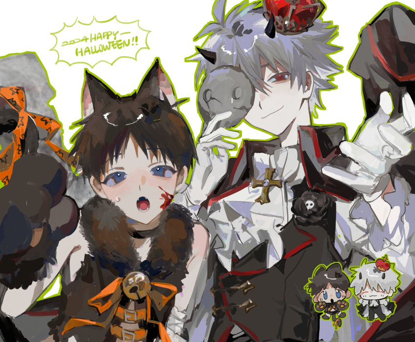 2boys, animal_ears, animal_hands, black_horns, black_vest, blood, blood_on_face, blue_eyes