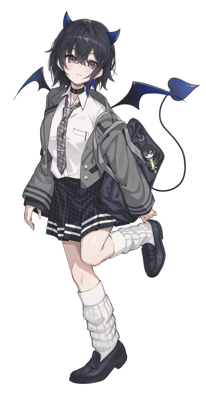 1girl, absurdres, adjusting_footwear, bag, belt, belt_collar, black_bag, black_belt