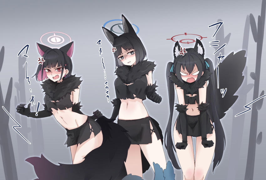 3girls, annoyed, black_claws, black_hair, blue_archive, cat_choker, colored_inner_animal_ears, cosplay