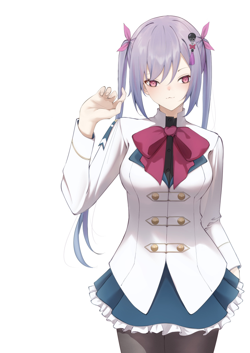1girl, :3, absurdres, arm_at_side, assault_lily, black_shirt, blue_skirt, bow
