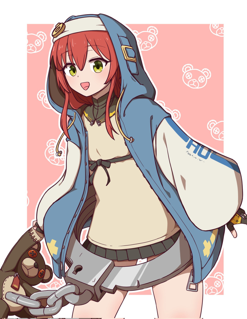 1girl, :d, bike_shorts, black_skirt, bocchi_the_rock!, bridget_(guilty_gear), bridget_(guilty_gear)_(cosplay), cosplay