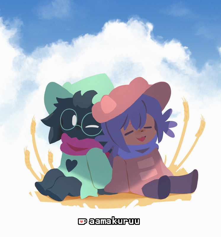 1boy, 1other, aamakuruu, animal_hat, artist_name, black_fur, blue_sky, brown_hat