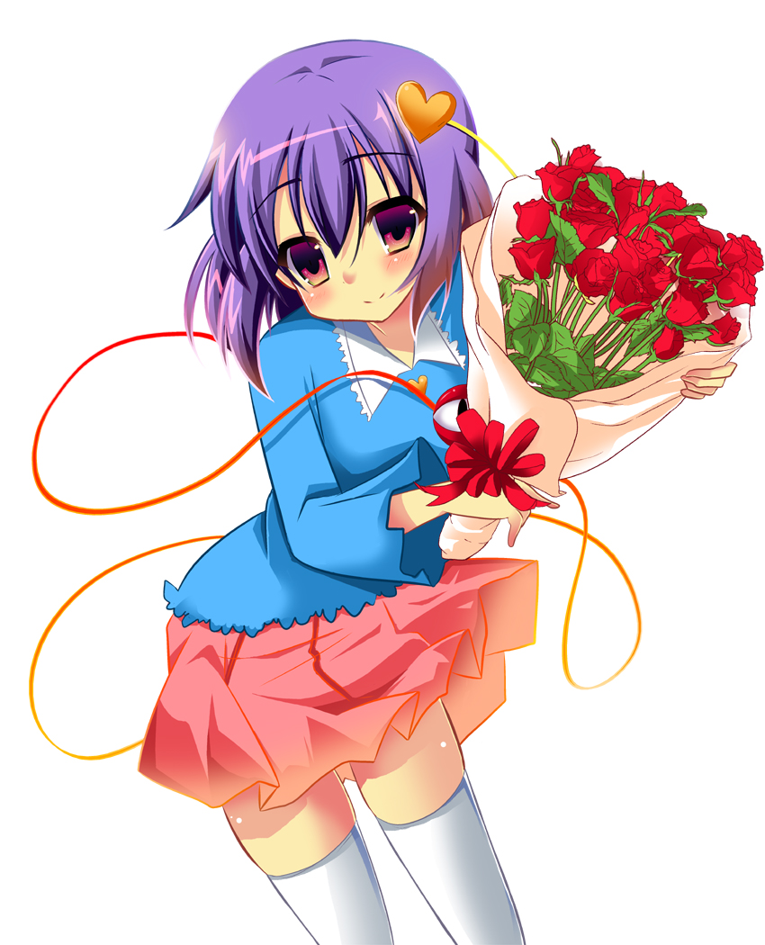 blouse, blush, bouquet, flower, heart, kazuta_(kazutan62), komeiji_satori, miniskirt, pleated_skirt, purple_hair, red_eyes, red_rose, rose, short_hair, skirt, smile, solo, thigh-highs, thighhighs, third_eye, touhou, white_legwear, white_thighhighs, zettai_ryouiki