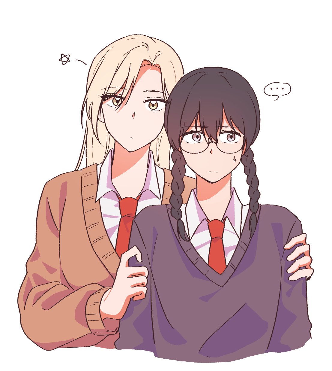 ..., 2girls, black_hair, black_sweater, blonde_hair, braid, brown_sweater, closed_mouth