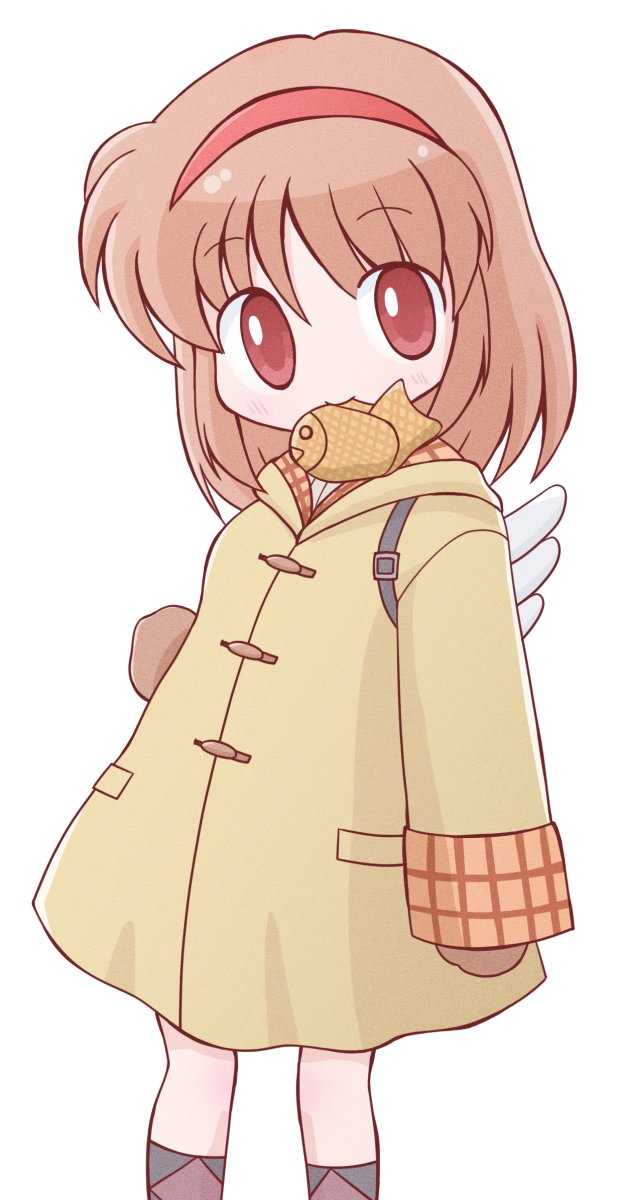 1girl, argyle_clothes, argyle_socks, backpack, bag, brown_coat, brown_hair, brown_mittens