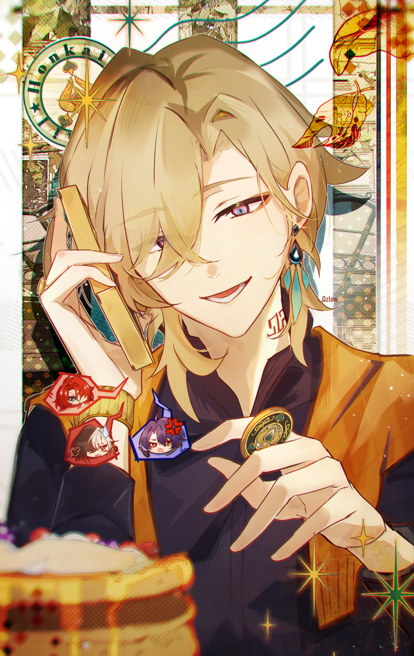 1boy, absurdres, aventurine_(honkai:_star_rail), black_shirt, blonde_hair, blue_eyes, boothill_(honkai:_star_rail), calling