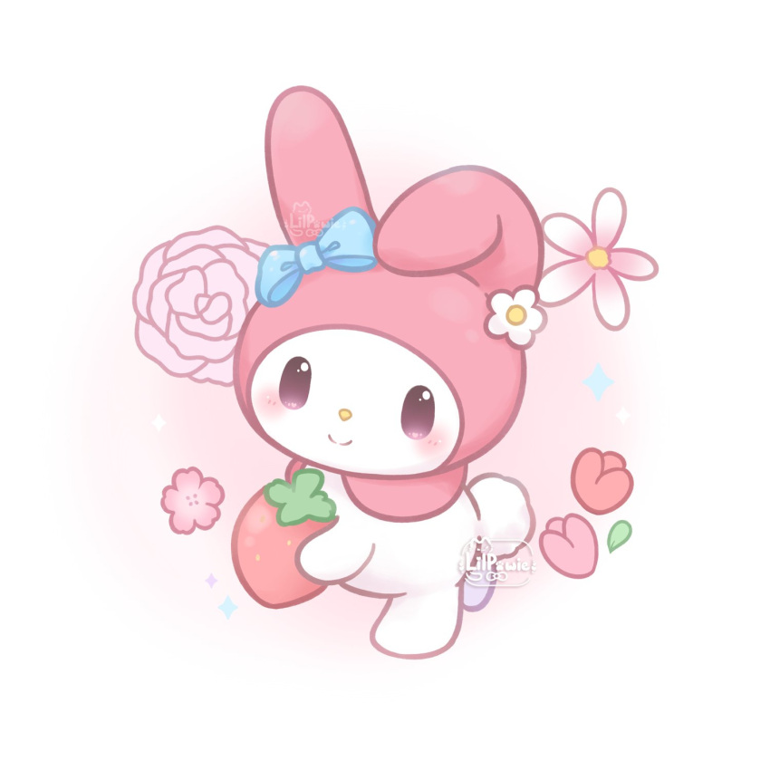1girl, animal_ears, artist_name, blue_bow, blush, bow, closed_mouth, flower, food, fruit, furry, furry_female, highres, holding, lilpawie, my_melody, onegai_my_melody, pink_eyes, pink_flower, pink_rose, rabbit_ears, rabbit_tail, rose, sanrio, smile, strawberry, tail, white_flower