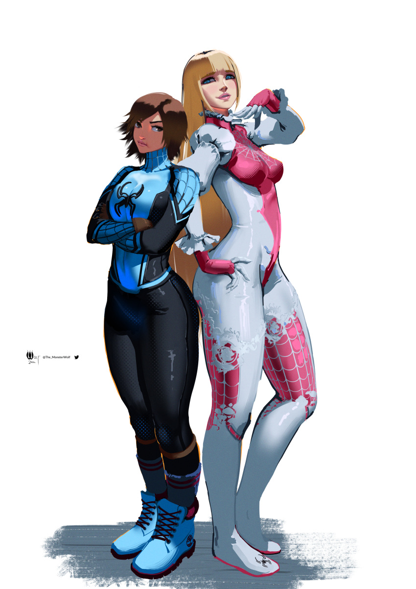 2girls, absurdres, artist_name, back-to-back, blonde_hair, blue_bodysuit, blue_eyes, blunt_bangs, bodysuit, brown_eyes, commentary, cosplay, crossed_arms, english_commentary, frills, height_difference, highres, kazama_asuka, lili_(tekken), long_hair, marvel, monster_wolf, multicolored_bodysuit, multicolored_clothes, multiple_girls, pink_bodysuit, pout, puffy_sleeves, shoes, short_hair, simple_background, spider-man, spider-man_(cosplay), spider-man_(series), spider_web_print, spidersona, standing, tall_female, tekken, tekken_8, twitter_logo, twitter_username, very_long_hair, white_background