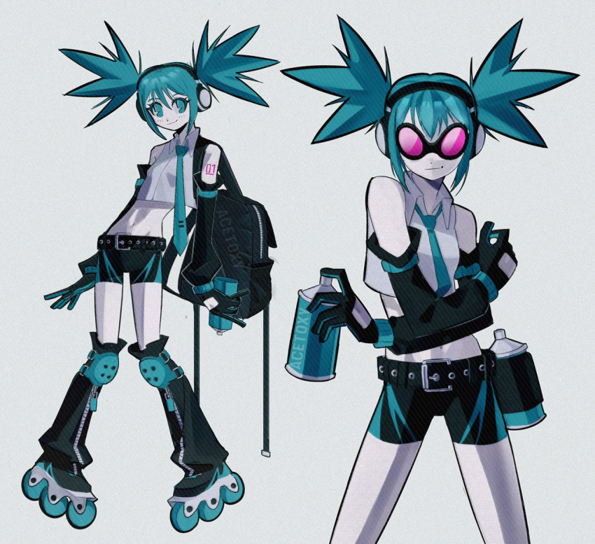 1girl, acet0xy, backpack, bag, belt, blue_eyes, blue_hair, cropped_shirt, detached_sleeves, glasses, gloves, hatsune_miku, headphones, inline_skates, knee_pads, necktie, roller_skates, short_twintails, shorts, skates, spray_can, twintails, vocaloid, zipper