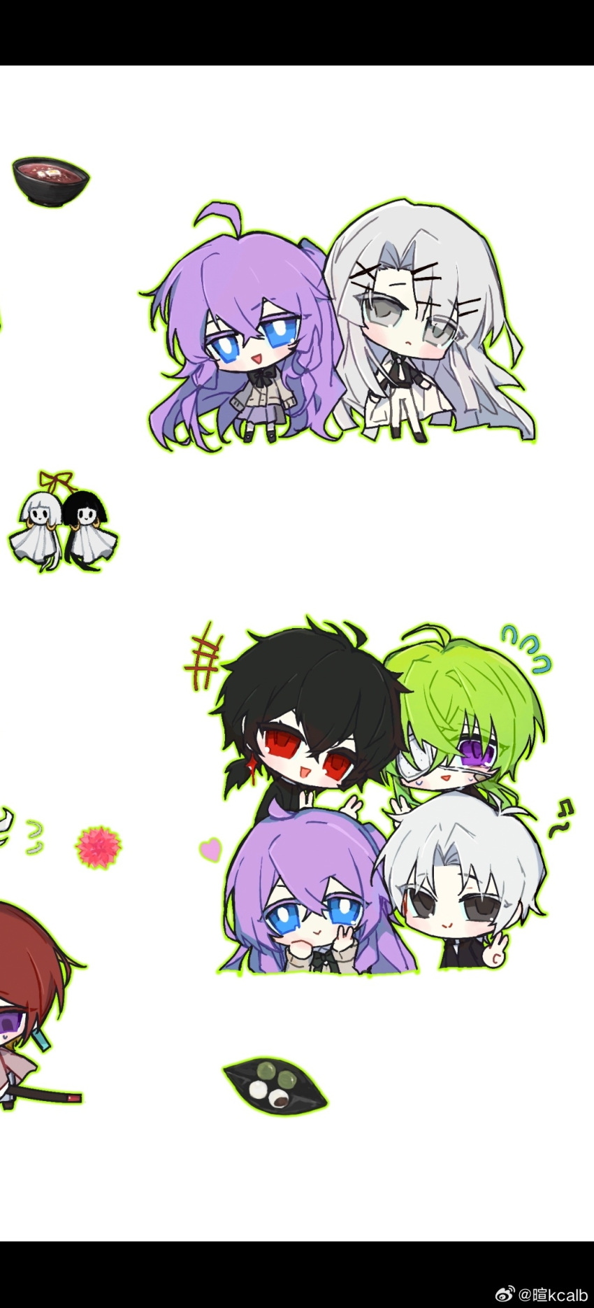 +++, 1girl, 4boys, :>, ahoge, black_bow, black_bowtie, black_footwear