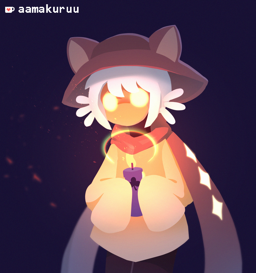 1other, aamakuruu, animal_hat, brown_scarf, candle, cat_hat, clover, coat