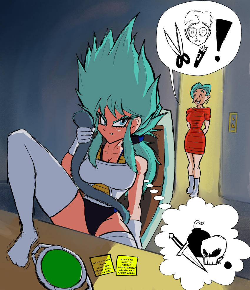 1girl, absurdres, aged_up, arms_behind_back, blue_leotard, bra_(dragon_ball), breasts, bulma, chair, dragon_ball, dragon_ball_eschaton, dragon_ball_super, dragon_ball_z, dress, eschallotte, foot_up, gloves, highres, leotard, monkey_tail, mr-takoyama, red_dress, saiyan, short_hair, sidelocks, spoken_skull, spoken_symbol, sticky_note, super_dragon_radar, tail, white_footwear