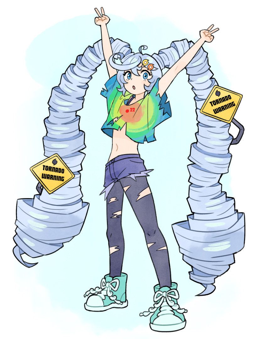 1girl, :o, absurdres, ahoge, arms_up, black_pantyhose, blue_eyes, blue_hair