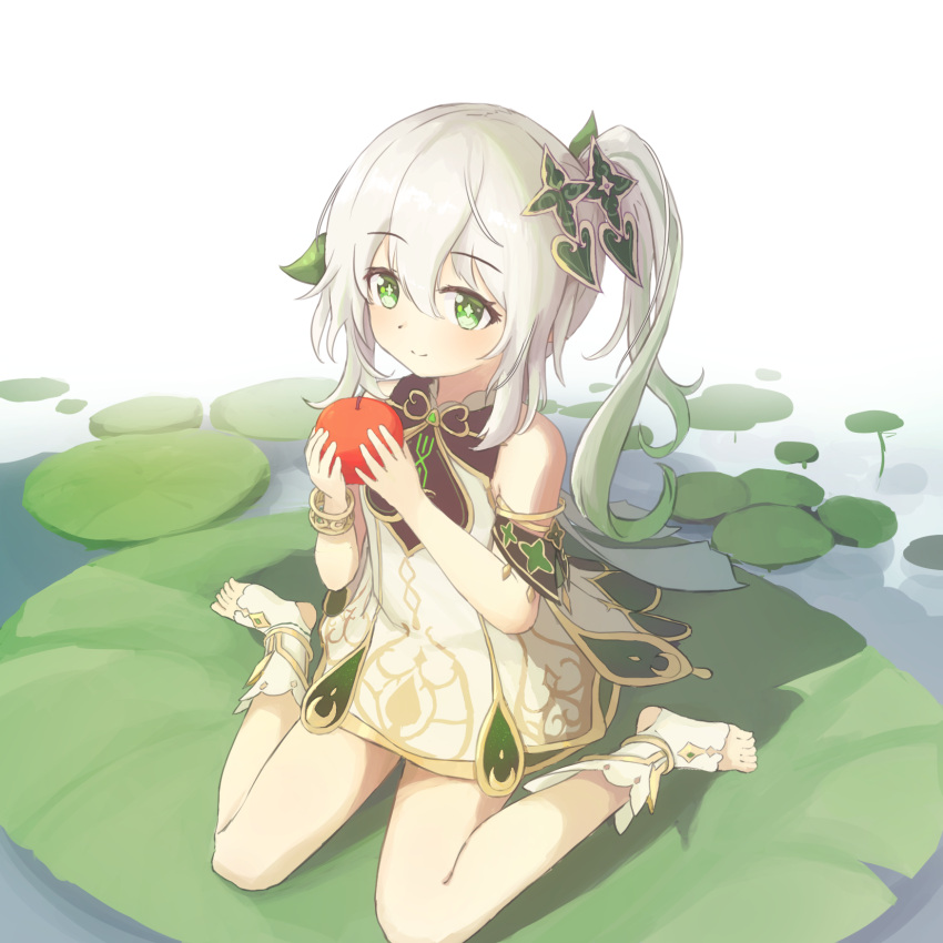 1girl, apple, bare_shoulders, bloomers, bracelet, cape, closed_mouth, commentary_request