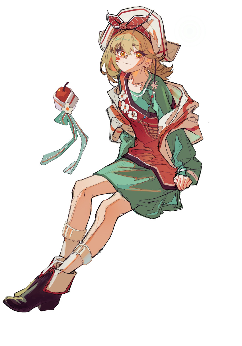 apple, apple_(reverse:1999), aqua_shirt, bicorne, blonde_hair, bow, bow_hairband, brown_footwear