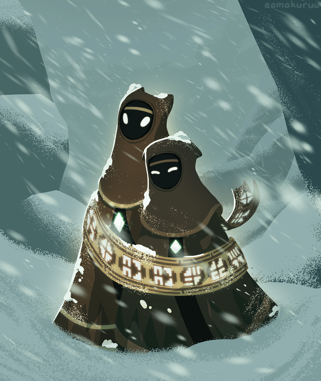 2others, aamakuruu, androgynous, brown_cloak, cloak, highres, hood, hooded_cloak