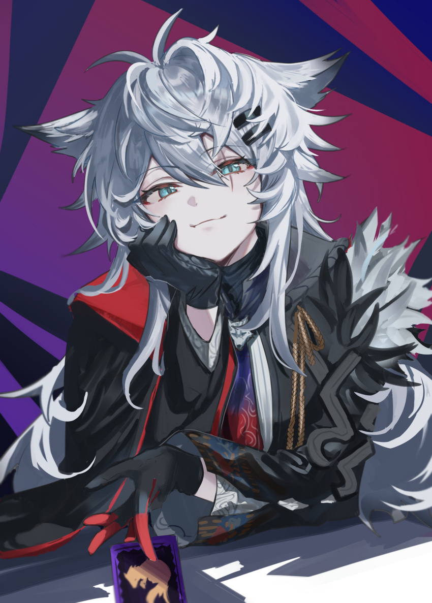 1girl, abstract_background, absurdres, aiguillette, animal_ears, antenna_hair, aqua_eyes, arknights, arm_support, asymmetrical_gloves, between_fingers, black_cape, black_gloves, black_jacket, blue_background, blue_necktie, brooch, cape, card, chinese_commentary, closed_mouth, commentary_request, epaulettes, gloves, gradient_necktie, hair_between_eyes, hair_ornament, hairclip, half-closed_eyes, hand_on_own_chin, hand_up, head_rest, highres, holding, holding_card, jacket, jewelry, lappland_(arknights), lappland_the_decadenza_(arknights), light_smile, long_hair, long_sleeves, looking_at_viewer, mabing, messy_hair, mismatched_gloves, multicolored_background, multicolored_clothes, multicolored_gloves, multicolored_necktie, necktie, official_alternate_costume, pale_skin, purple_background, red_background, red_gloves, red_necktie, scar, scar_across_eye, scar_on_face, single_epaulette, solo, two-sided_cape, two-sided_fabric, two-tone_gloves, two-tone_necktie, upper_body, wolf_ears, wolf_girl