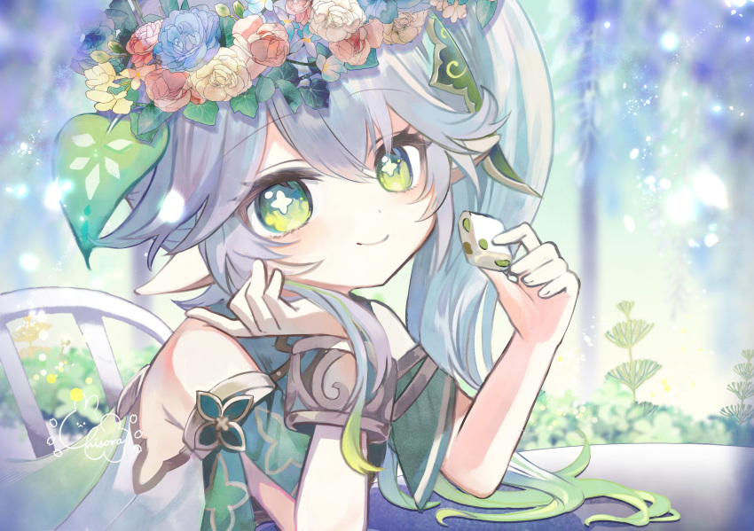1girl, bare_shoulders, bloomers, blue_flower, bracelet, candied_ajilenakh_nut_(genshin_impact), chisora_(chisora_ra), closed_mouth